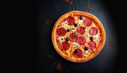 pizza tasty pepperoni pizza with mushrooms and olives on dark black stone texture, top view