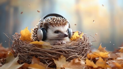 Fototapeta premium A hedgehog enjoying music with tiny headphones while snuggled in a leafy nest.