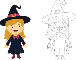 Halloween costume of little girl as witch clipart colouring page