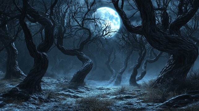 Creepy forest at night with twisted trees and a full moon casting eerie shadows