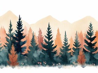 Obraz premium Serene Watercolor Forest Edge with Tall Trees and Wildflowers Isolated on White Background Vibrant and Lush Botanical Perfect for Nature Inspired Designs Backgrounds or Decor