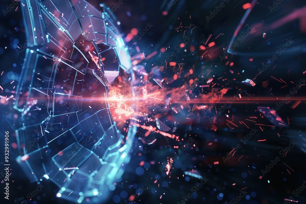 Poster A hacker breaches a digital shield, causing fragmentation and chaos as pieces of the firewall scatter in a dramatic cybersecurity display. Generative AI