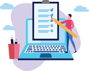 Boy ticking checklist online.