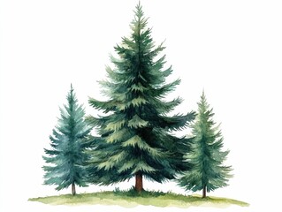 Fototapeta premium Detailed watercolor painting of tall lush fir trees with pine cones in a natural serene forest landscape isolated on a clean white background