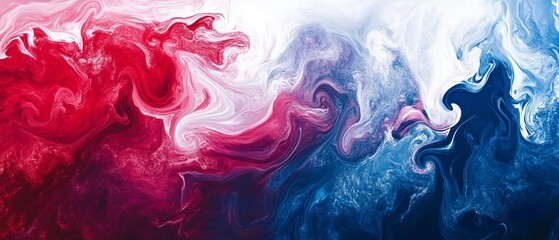 Abstract fluid art background in red, white and blue colors, with swirling shapes reminiscent of a nebula