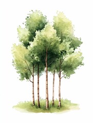 Obraz premium Vibrant Watercolor of Tranquil Forest with Blooming Trees and Lush Green Foliage in Peaceful Early Spring Landscape