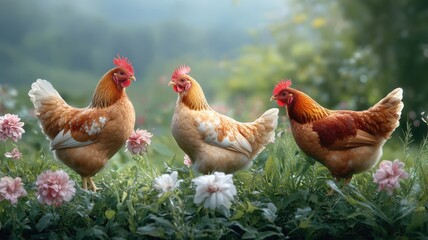 Fototapeta premium A group of chickens pecking and interacting playfully in a picturesque garden with lush greenery.