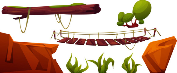 Wooden log and hanging rope bridge for danger cliff cross walkway landscape design. Rock edges, tree and green grass, timber footbridge for connection precipice and chasm land. Cartoon vector set