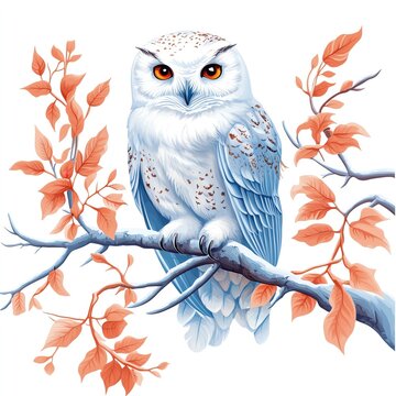 recommend clip art: White owl perched on a branch with orange leaves