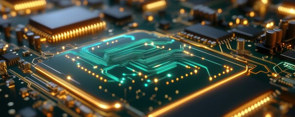 Obraz premium electric circuit board with glowing pathways, showcasing electronic engineering in green and gold