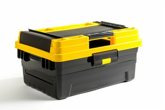 Black and yellow toolbox on a white background. Strong and practical. Ideal for organizing and storing tools. Simple and modern style, useful for workshops or DIY enthusiasts. Generative AI