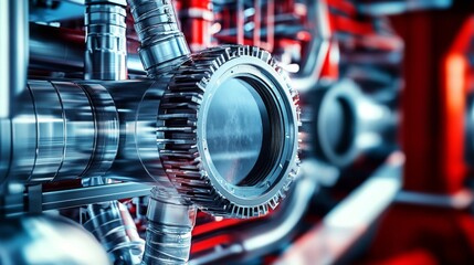 Fototapeta premium Industrial engineering with modern piping system, polished metal surfaces, and complex infrastructure.