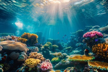 Obraz premium Vibrant Underwater Coral Reef Scene with Sun Rays. Conceptual artwork showcasing marine beauty and biodiversity. Ideal for nature, ocean, and wildlife themes. Generative AI
