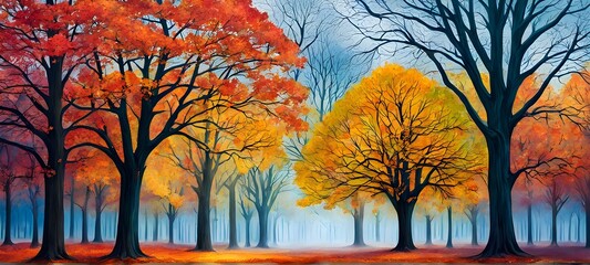 Vibrant depiction illustration of trees in transition between autumn and winter