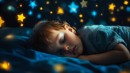 Side view of a beautiful and cute male toddler baby kid sleeping and resting at night in a dark room with blue and yellow glowing stars on the walls