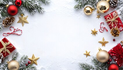white christmas background with fir branches and gift boxes