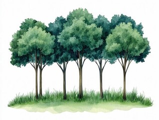 Obraz premium Captivating digital of a lush mystical forest landscape with ancient towering trees and vibrant foliage in a dreamy watercolor inspired style isolated on a clean white background