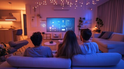 A family using smart home devices in their modern living room, controlling lights and temperature with voice commands