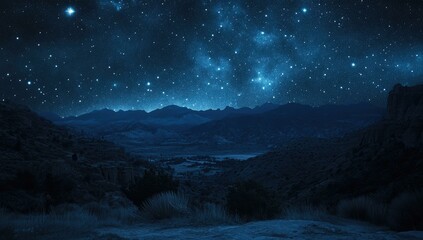 Starry night sky over a mountain range.