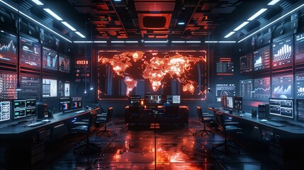A technologically advanced computer room with neon lighting and presenting a world map