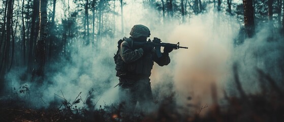 Military, war and soldier by smoke on ground, battlefield or fight in forest with army uniform, guns and protection. Warzone, warrior and person in camp look at apocalypse in woods for defence duty