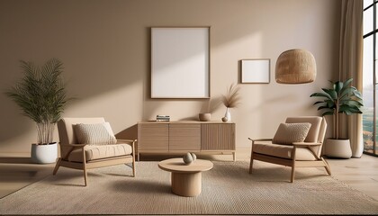 Beige living room interior with armchairs and drawer, mock up gallery posters. Generative AI
