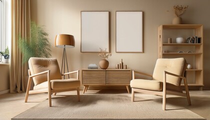 Beige living room interior with armchairs and drawer, mock up gallery posters. Generative AI