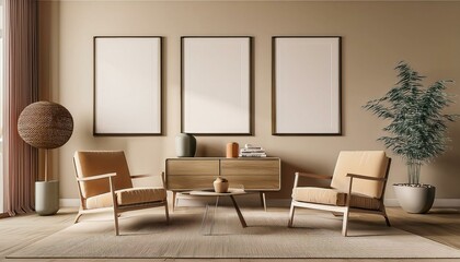 Beige living room interior with armchairs and drawer, mock up gallery posters. Generative AI