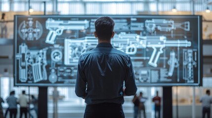 Fototapeta premium A global conference on firearm technology draws a focused audience, all eyes on the large screen displaying complex machine gun designs.