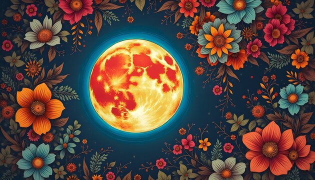 A vibrant and enchanting scene depicting a full moon surrounded by a profusion of colorful flowers. 545