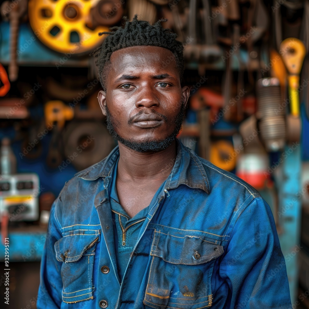 Poster young african man mechanic working in his workshop. generative ai.