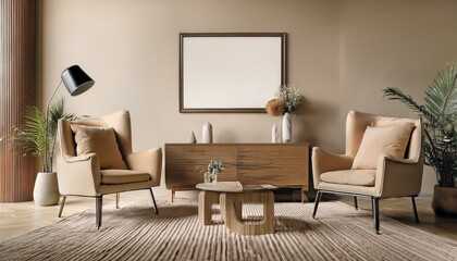Beige living room interior with armchairs and drawer, mock up gallery posters. Generative AI