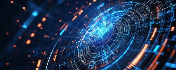 Obraz premium 3D rendering of futuristic digital technology with swirling blue and orange lights depicting innovation and advanced data networks