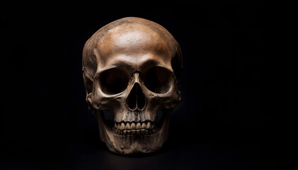 Human skull on black background