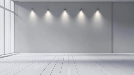 Empty room with light gray walls and white wooden floor, with five spotlights on the wall, creating an empty space for product display or presentation mockup