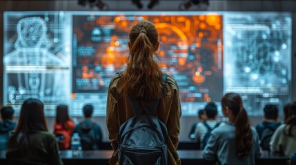 Young woman in brown jacket and backpack stands before a digital display of patterns and data at a museum exhibit, with visitors in the background