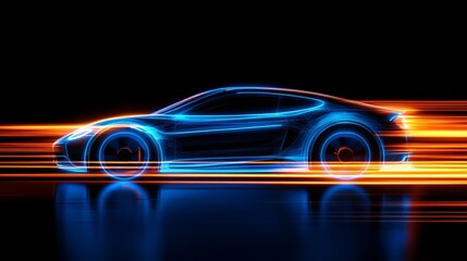 Glowing car shape in blue and orange on black background, with light effects. A dynamic illustration of the silhouette of an electric vehicle driving fast