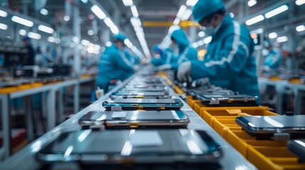 Amid the factory's controlled commotion, a team of skilled workers orchestrates the seamless production, sorting, and packaging of high-tech smartphones for worldwide distribution.