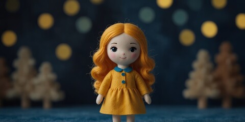 Cute felt doll with yellow dress on blue background.