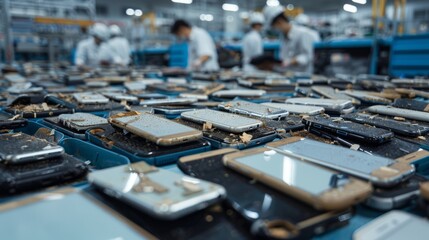 A collection of abandoned smartphones sits in the workshop of an industrial facility, awaiting the next phase of the recycling process.