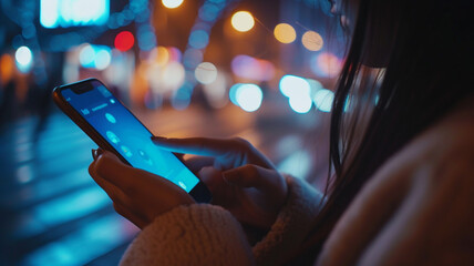 point finger on screen phone closeup, person texting text message