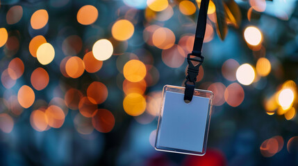 Close-up of a name tag on a lanyard, with festive lights blurred in the background