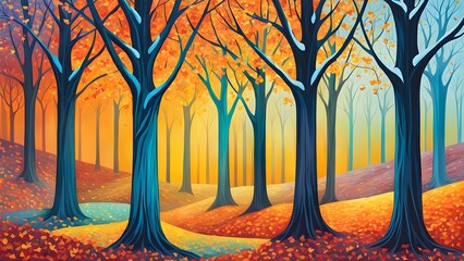 Vibrant depiction illustration of trees in transition between autumn and winter