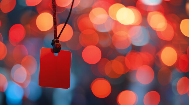 Close-up of a name tag on a lanyard, with festive lights blurred in the background