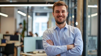Fototapeta premium Smiling handsome businessman with crossed arms in modern office,young man exuding confidence, business success concept.
