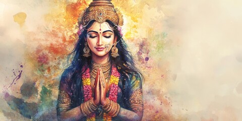 Serene Watercolor Portrait of Goddess Lakshmi: Abstract Creative Design for Indian Festivals 2025. Elegant Minimalist Composition with Gradient Texture and Copy Space. AI-Generated 4K Wallpaper for Cu