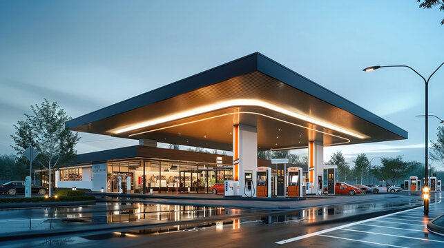 Modern gas station with fuel pumps and electric charging stations, integrated within a shopping center featuring retail stores and convenience shops. Generative AI.