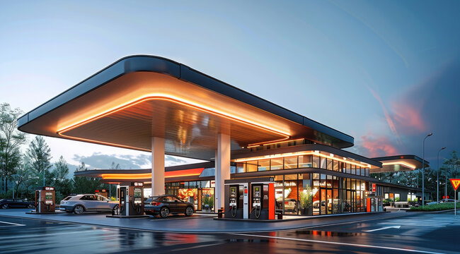 Modern gas station with fuel pumps and electric charging stations, integrated within a shopping center featuring retail stores and convenience shops. Generative AI.