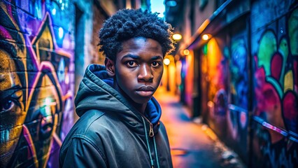 Obraz premium Edgy high-contrast portrait of African American teen gazing intensely at the camera in a dark, graffiti-covered alleyway with neon lights