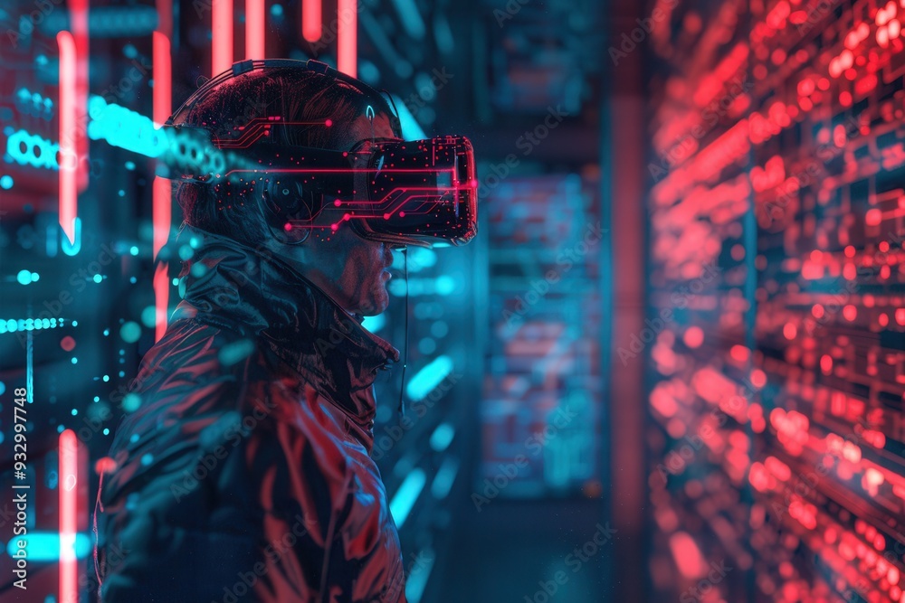 Poster a hacker navigates a virtual space filled with digital locks and complex codes while wearing a vr he